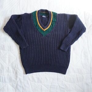 VTG 90s HONORS VNeck Ribbed Sweater Navy Blue Green Gold Cable Knit M Academia